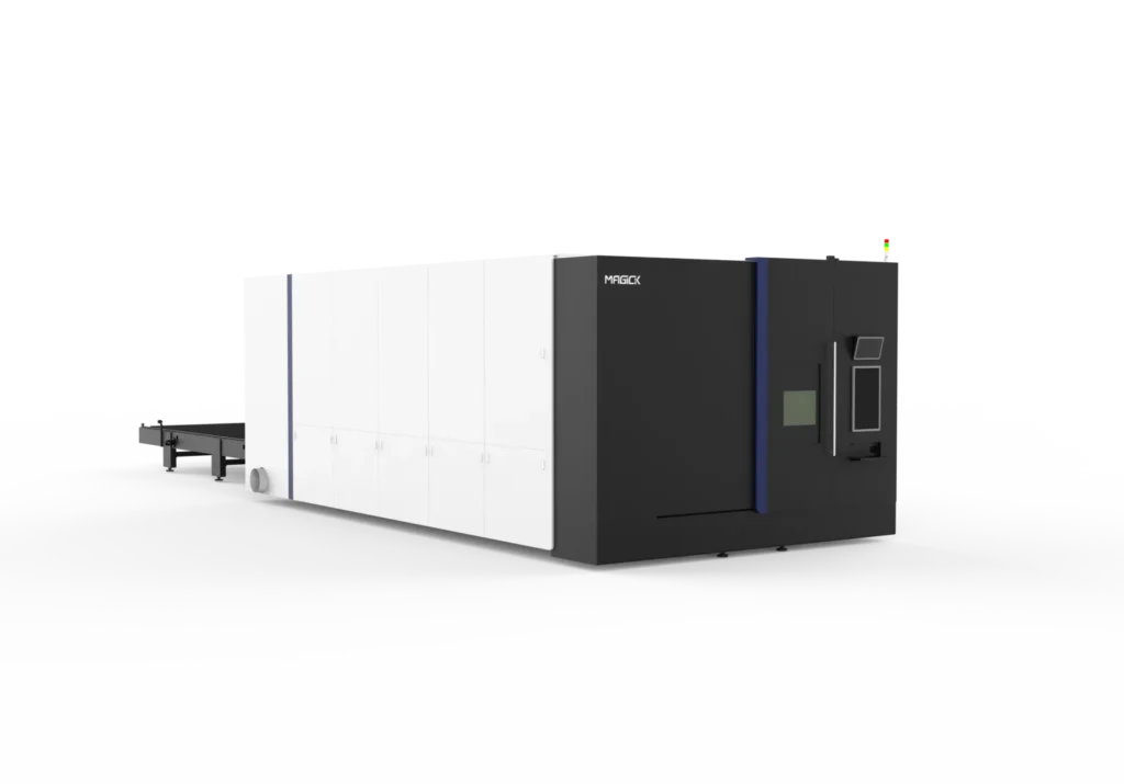 Front view of the Magick MK-G series fully enclosed high-power fiber laser cutting machine, featuring an eco-safe design and heavy-duty gantry structure.