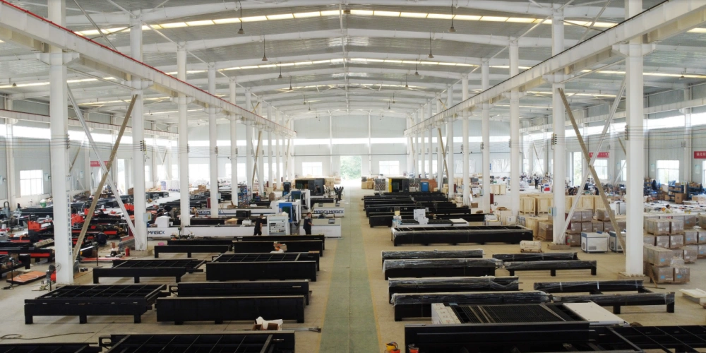 Fiber laser cutting machine in modern metal manufacturing factory