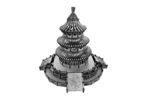 Intricate laser-cut metal art sculpture with layered architectural details