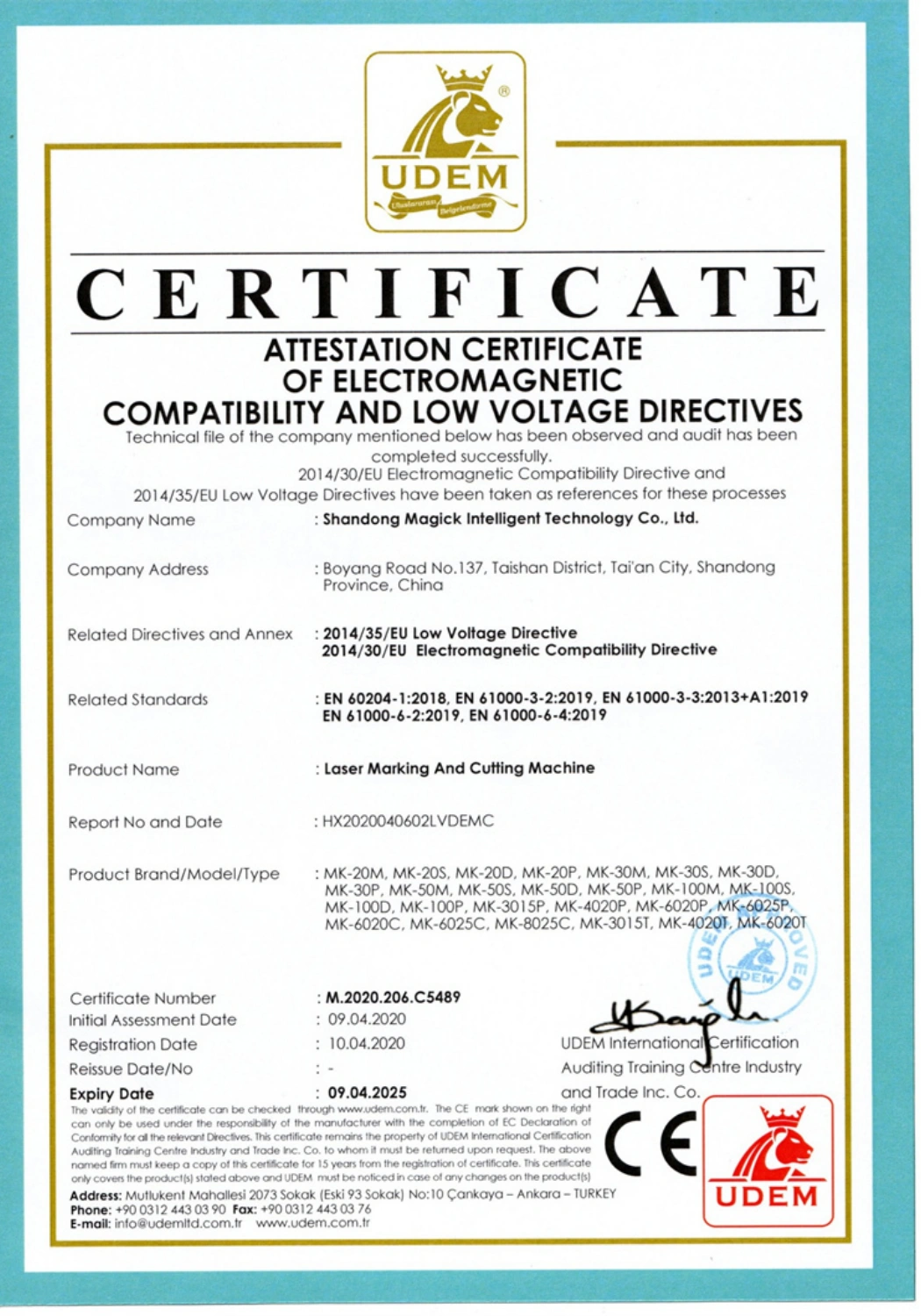 CE EMC and Low Voltage Directive certificate for MAGICK laser marking and cutting machines