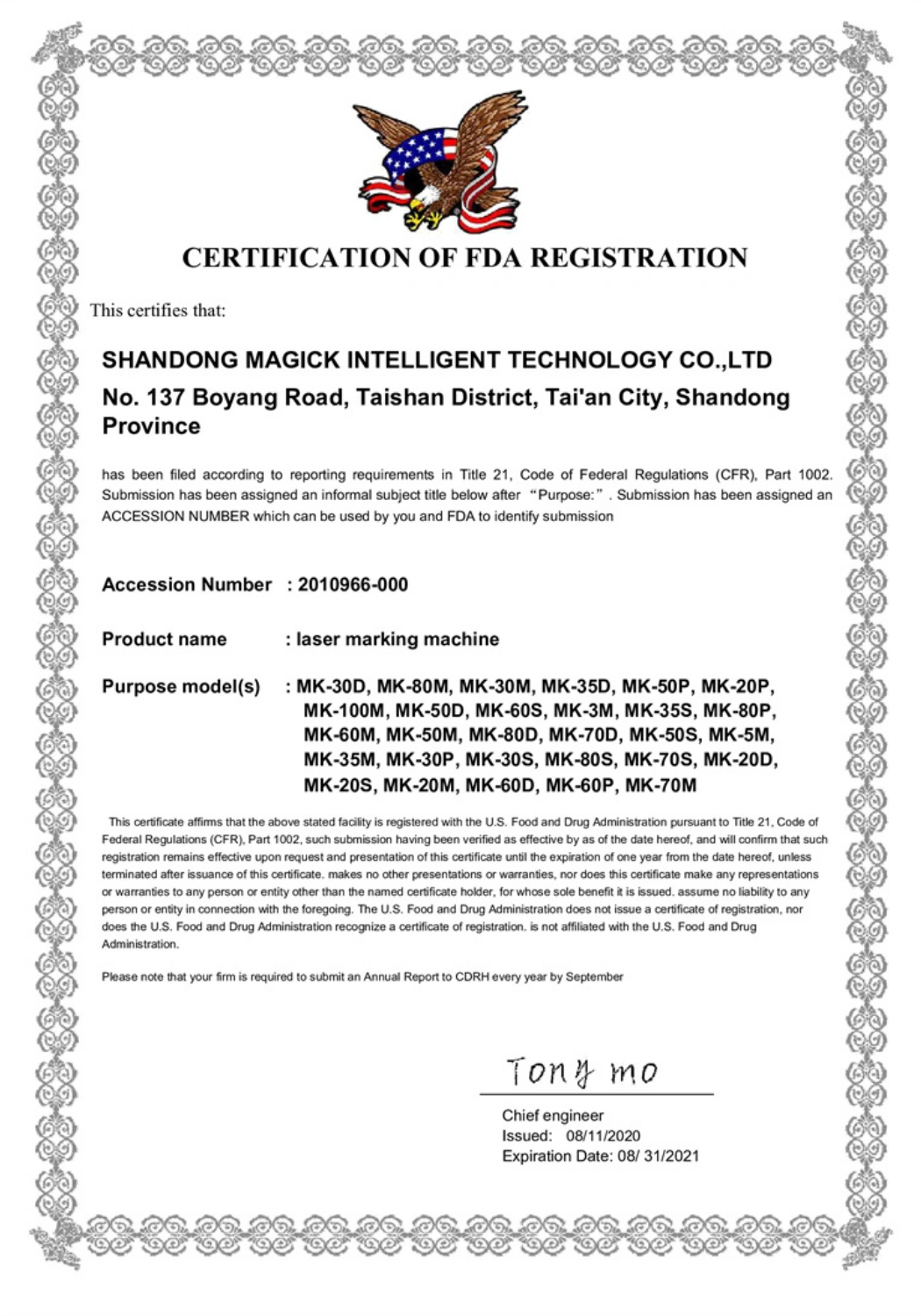 FDA registration document for MAGICK laser marking machines