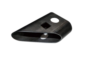 Shaped steel tube component with precision holes and a cutout end
