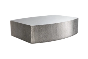 Stainless steel laser-cutting sample block with textured cut edges on a white background