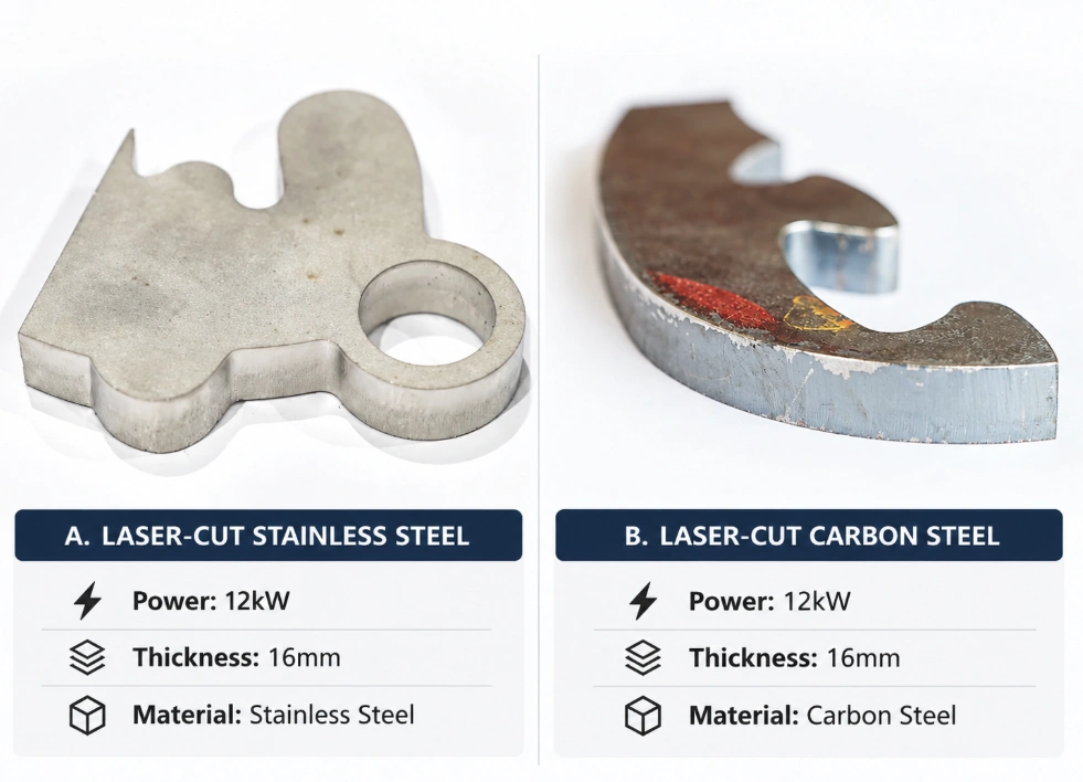 12kW laser cutting comparison of 16mm stainless steel and carbon steel samples