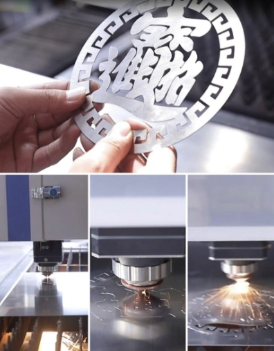 Laser-cut aluminum decorative panel with intricate circular patterns and Chinese characters