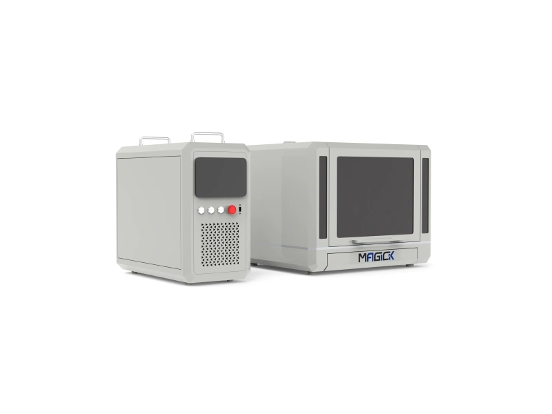Front-left view of the enclosed MK-DC laser cutter for signs and small parts