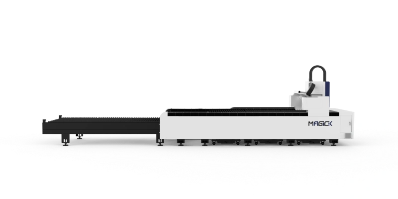 Opposite side view of the MK-E exchange-table laser cutting machine and rear loading platform