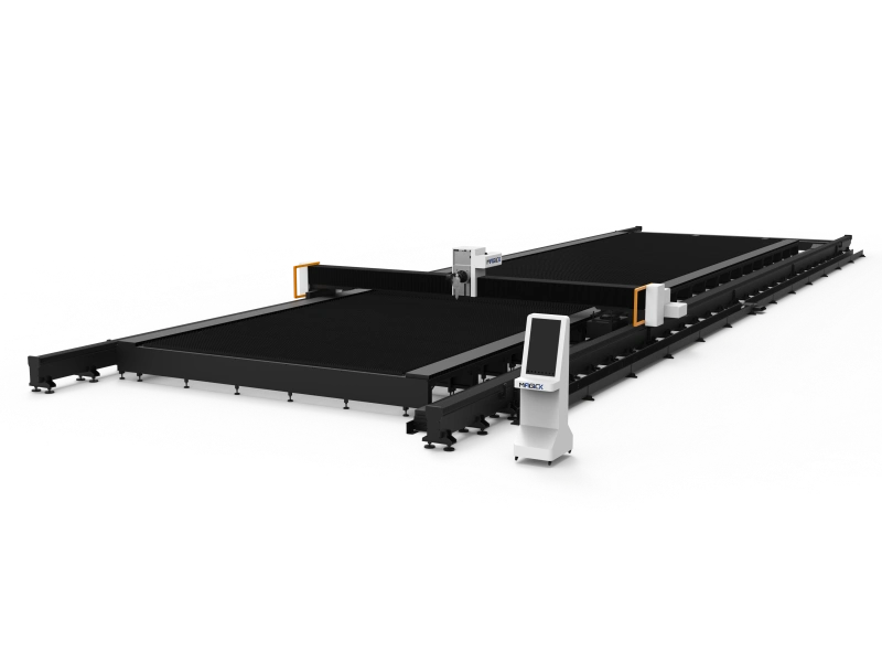 Front three-quarter view of the MK-H ground-rail fiber laser cutter showing the extended cutting bed and side rails