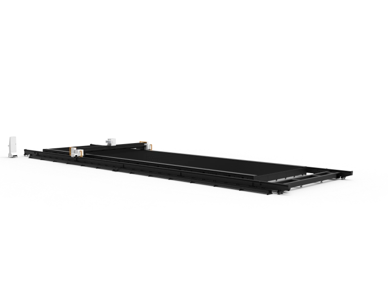 Long side view of the MK-H large plate laser cutting machine showing the extended ground-rail structure and open cutting bed