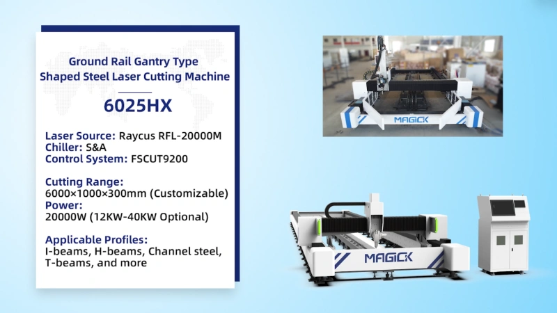 MAGICK MK-HX H beam laser cutting machine video cover showing the gantry machine and supported structural steel profiles