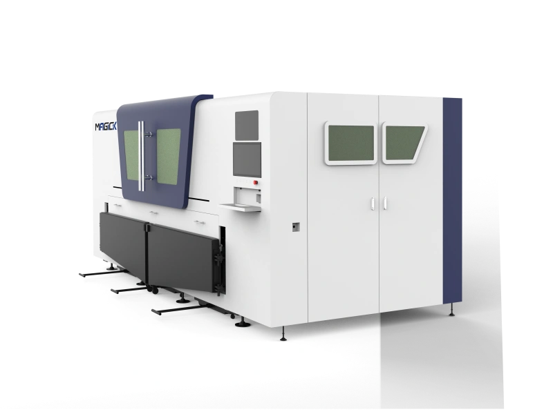 Front-right view of the MK-P fiber laser cutter showing the operator console and side viewing windows