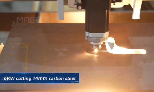 MK-S 6kW fiber laser cutting machine cutting 14mm carbon steel plate