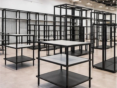 Modern retail display stands made with metal tube frames and perforated sheet metal panels