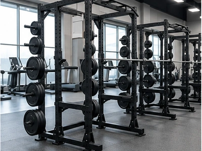 Commercial fitness equipment with steel tube squat racks and metal weight plate supports