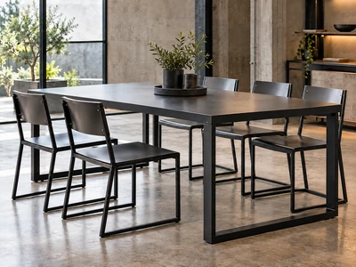 Modern metal furniture with steel tube frames and sheet metal table and chair components