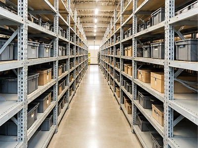 Industrial warehouse storage racks with steel support frames and metal shelving